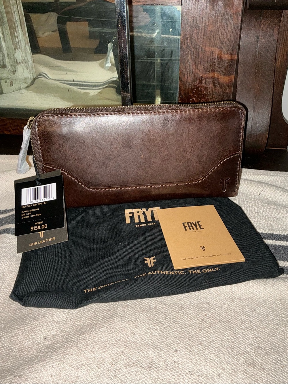 NWT Frye Leather Melissa Zip Around Wallet Dark Brown Retail $158